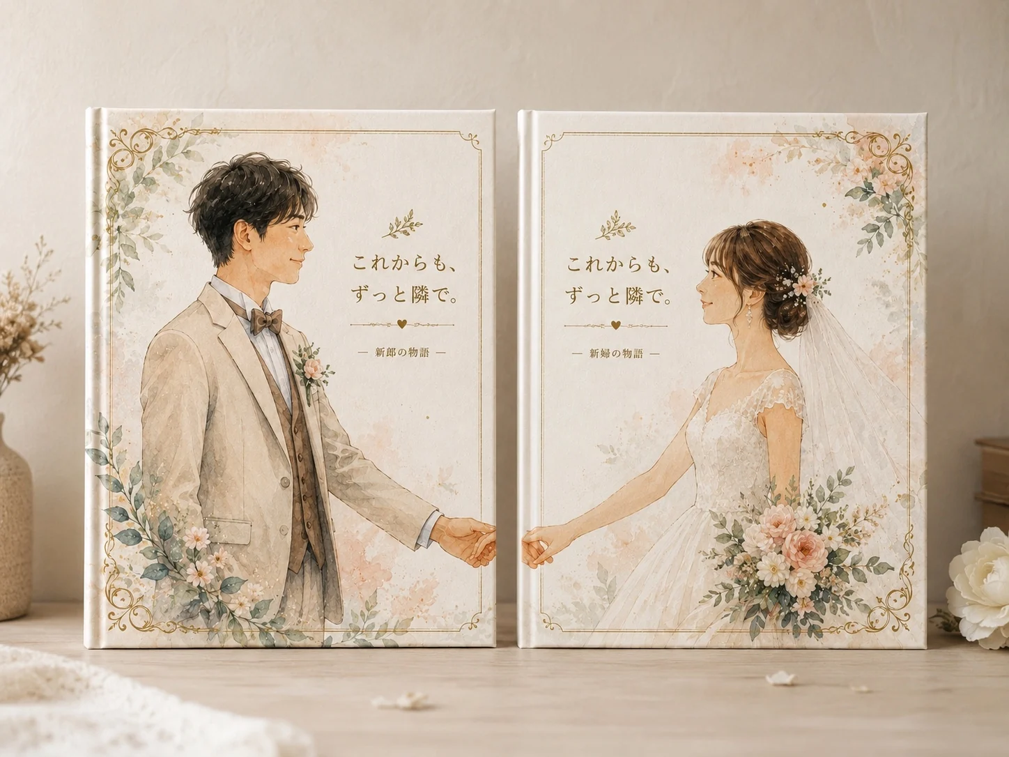 新郎と新婦、それぞれの物語を描いた二冊の結婚記念絵本。表紙には『これからも、ずっと隣で。』の言葉。