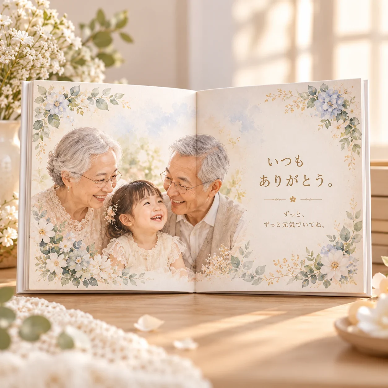 開いた絵本を贈り物として飾ったイメージ